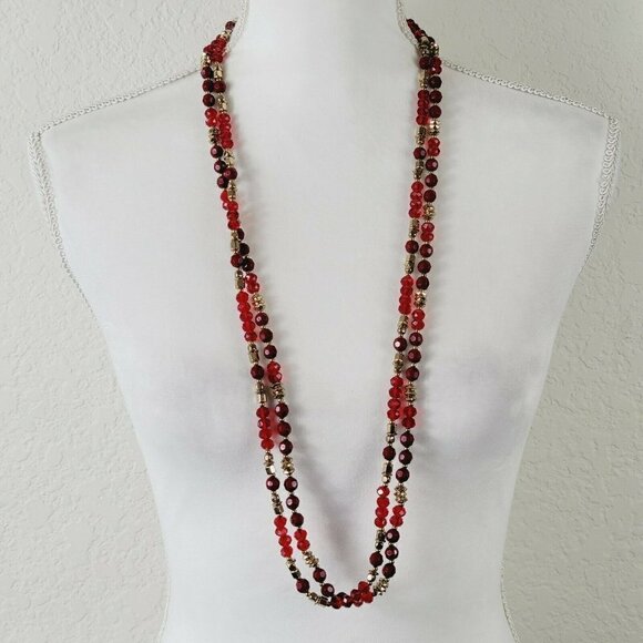 Red & Gold Beaded Necklaces Set Of 2 Infinity Style No Clasp 38"ea Artisan Made - Picture 2 of 6